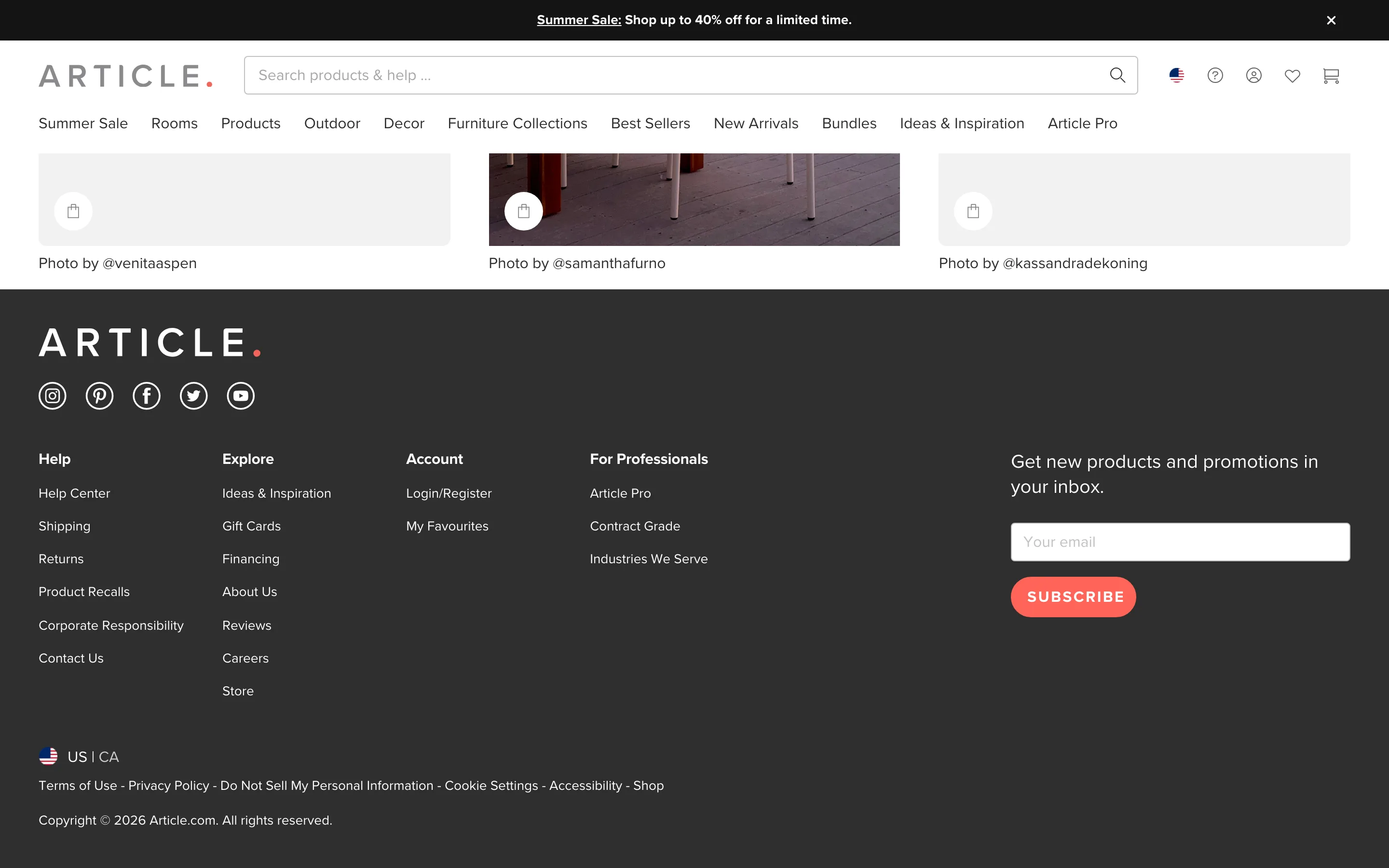 Footer showing an email newsletter signup field with an inline subscribe button built into the page footer