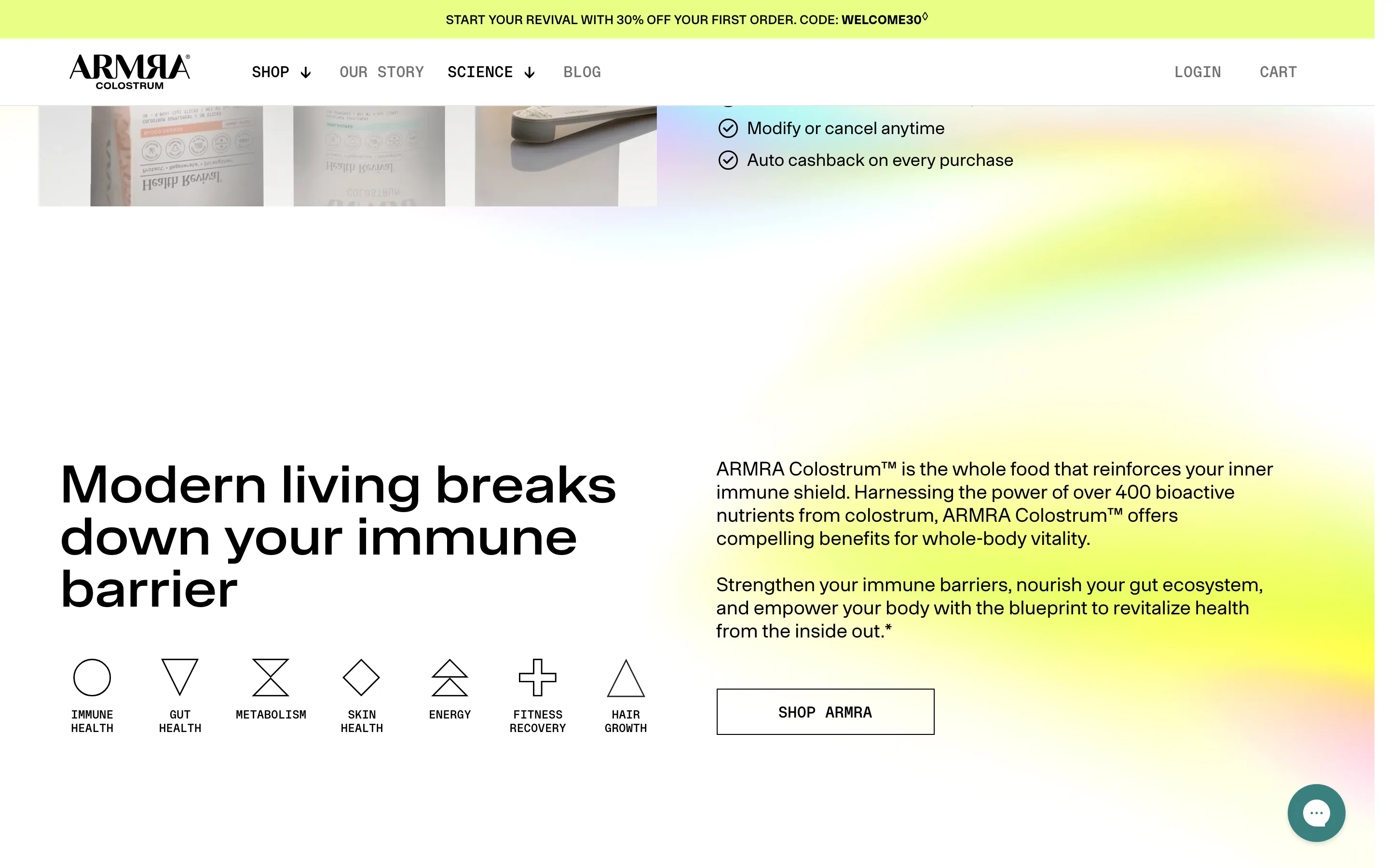 A row of simple line icons naming each outcome the product supports, such as immune health, gut health, energy and skin