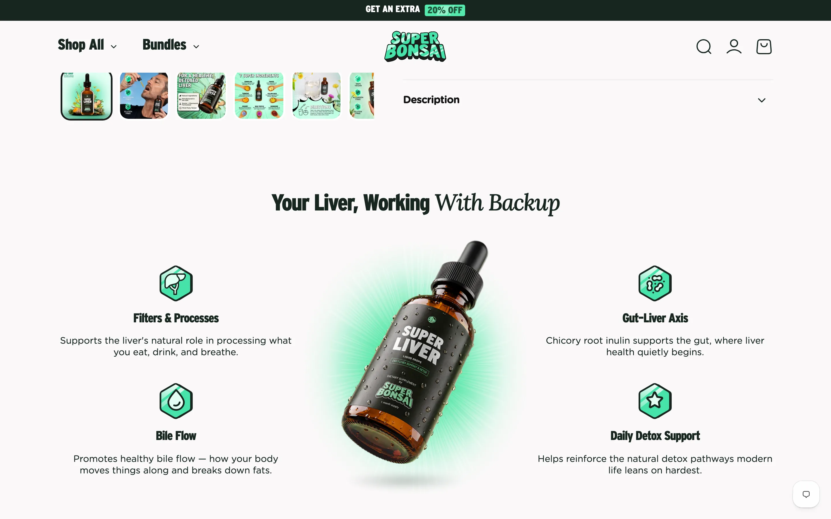 The product bottle centred with four benefit callouts with icons arranged around it