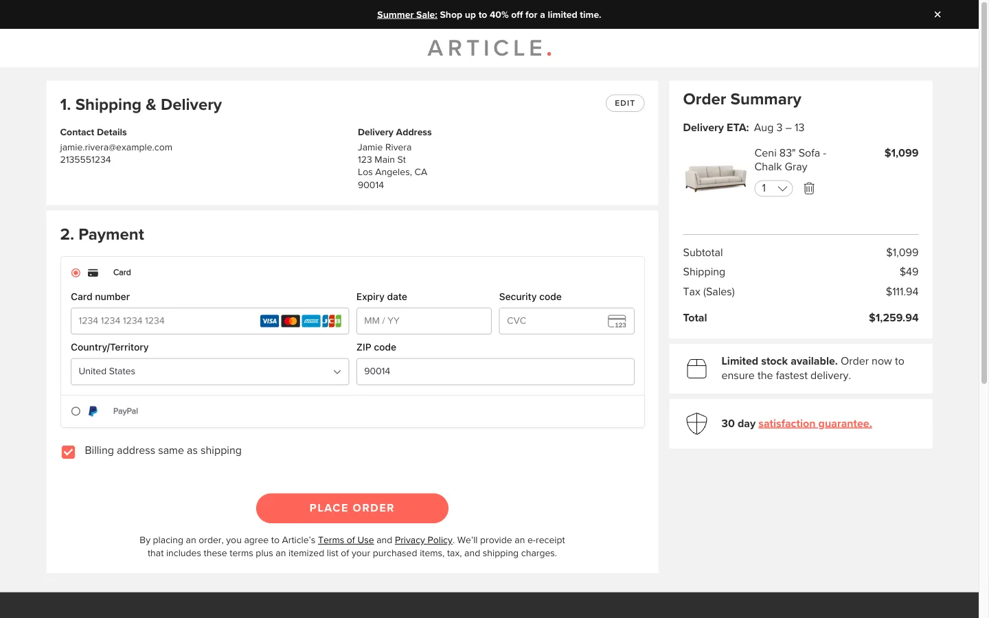 Checkout screen showing a numbered "1. Shipping & Delivery" section collapsed into a summary with an Edit link, and "2. Payment" expanded as the current step