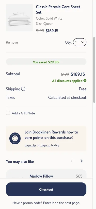Mobile cart showing a one-line "Have a promo code? Enter it on the next page" prompt beneath the checkout button, instead of an open discount input field