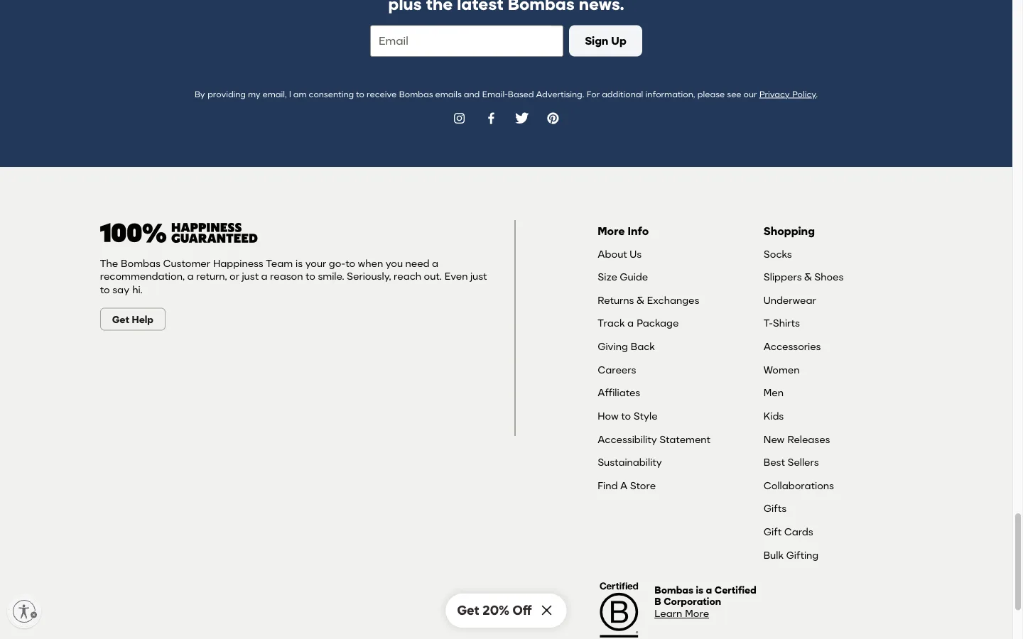 Footer showing a happiness-guarantee trust statement and a Get Help button positioned above the link columns