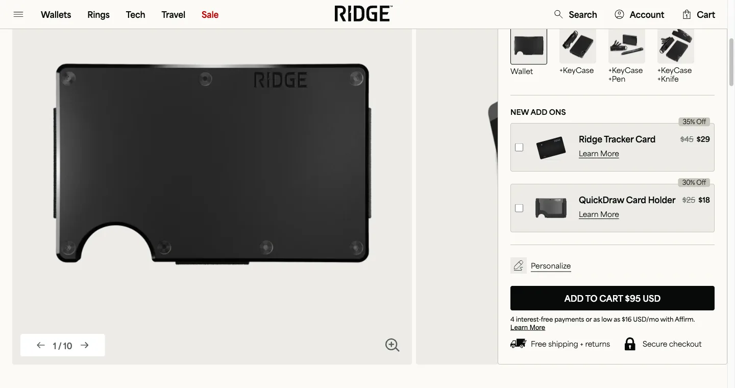 Product page buy box showing add-on items with checkboxes and individual prices, folded into the same Add to Cart button