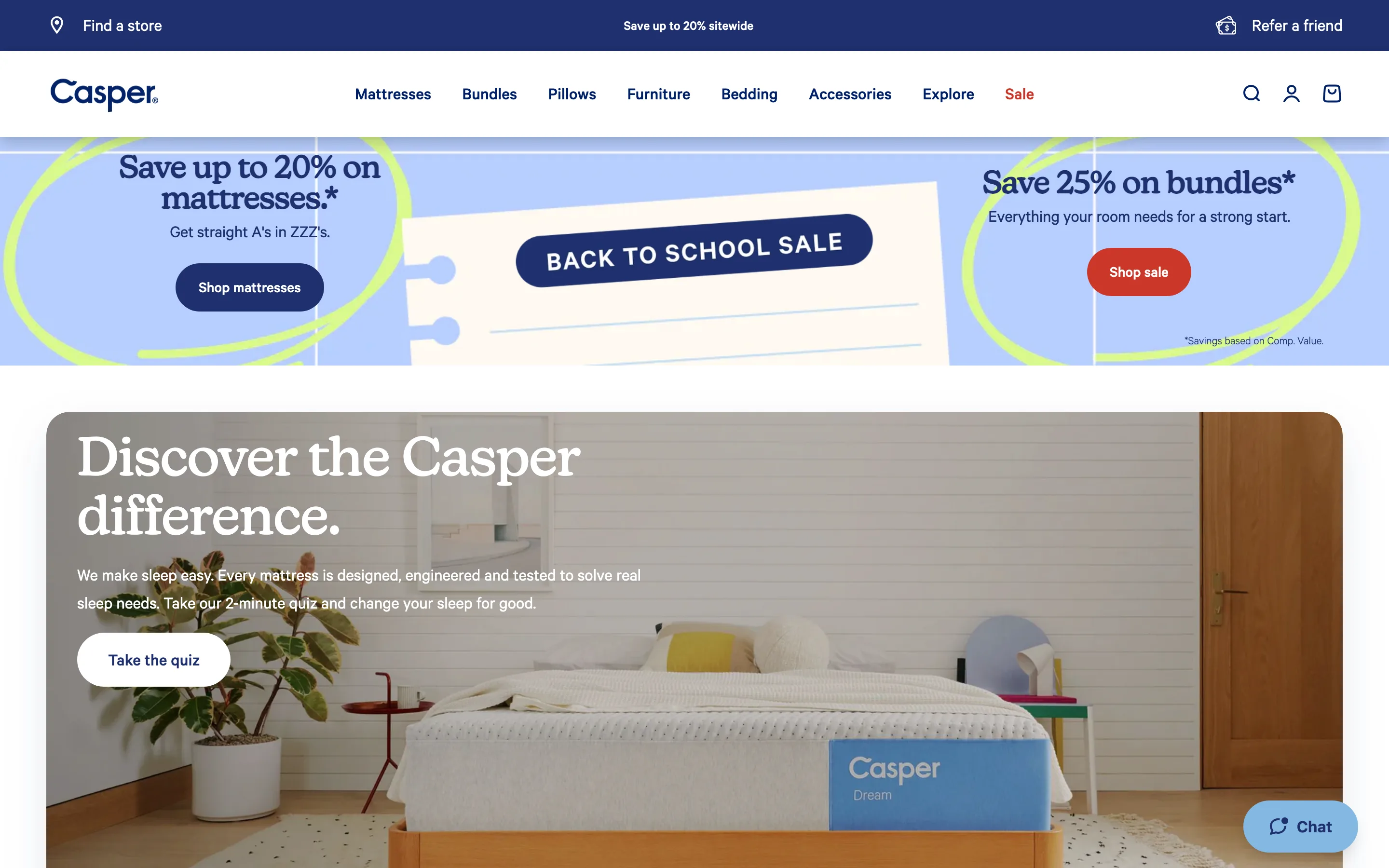 Header utility bar showing a store locator link, a sitewide promo message and a refer a friend link side by side