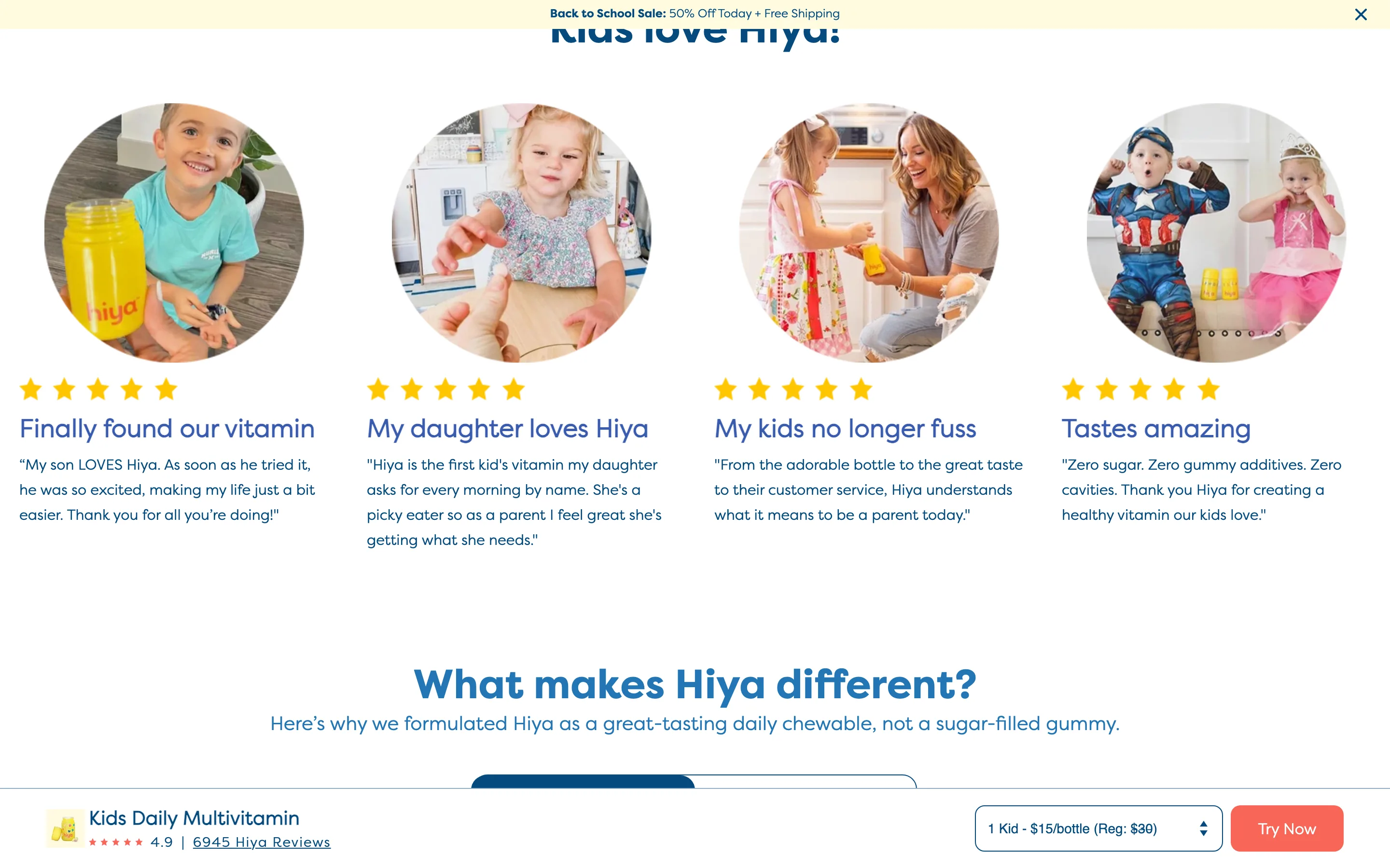 A row of circular real customer photographs, each with a star rating, a quoted headline and a sentence from the customer